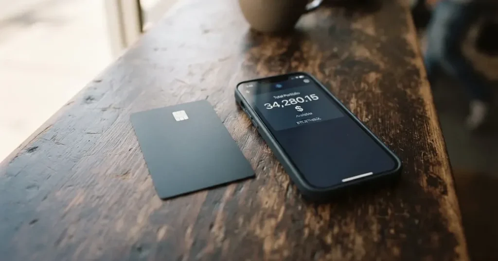 A payment card next to a phone with a crypto wallet app open