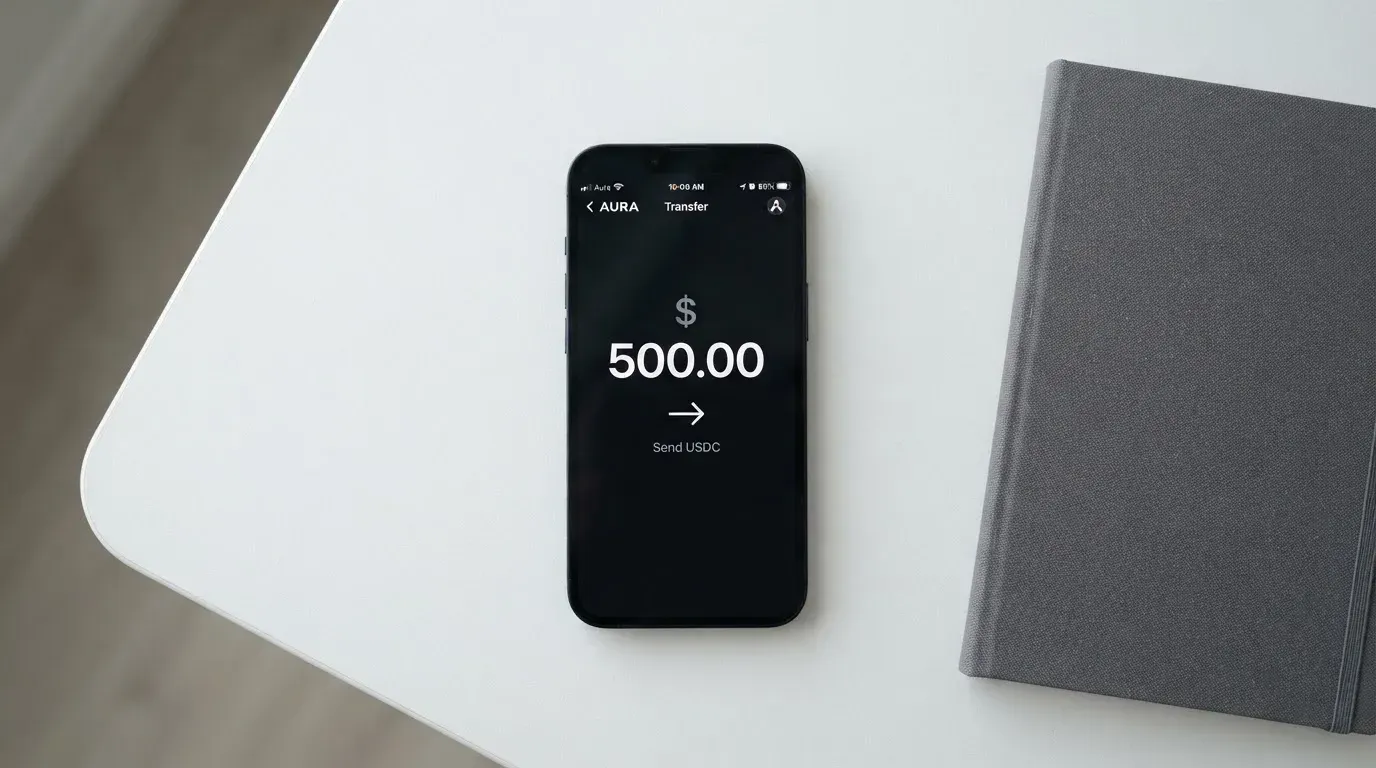 A phone showing a stablecoin transfer screen