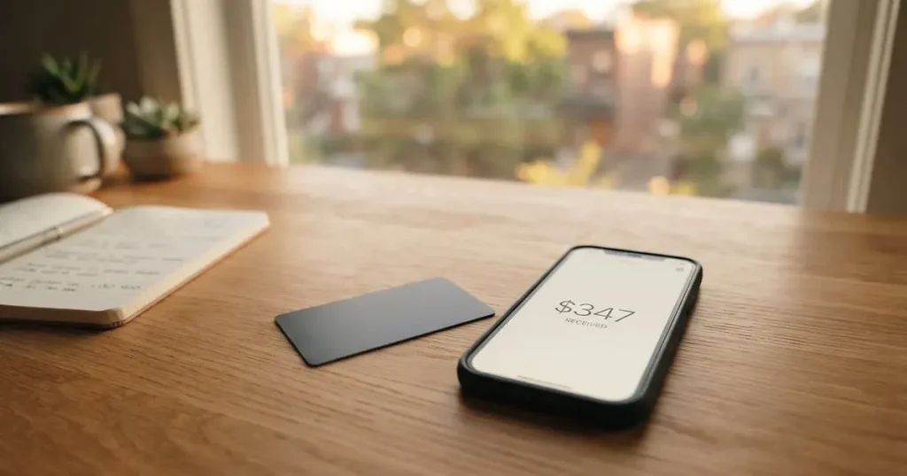 A payment card next to a phone with a crypto wallet app open
