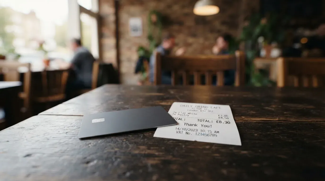 A receipt and a card on a café table