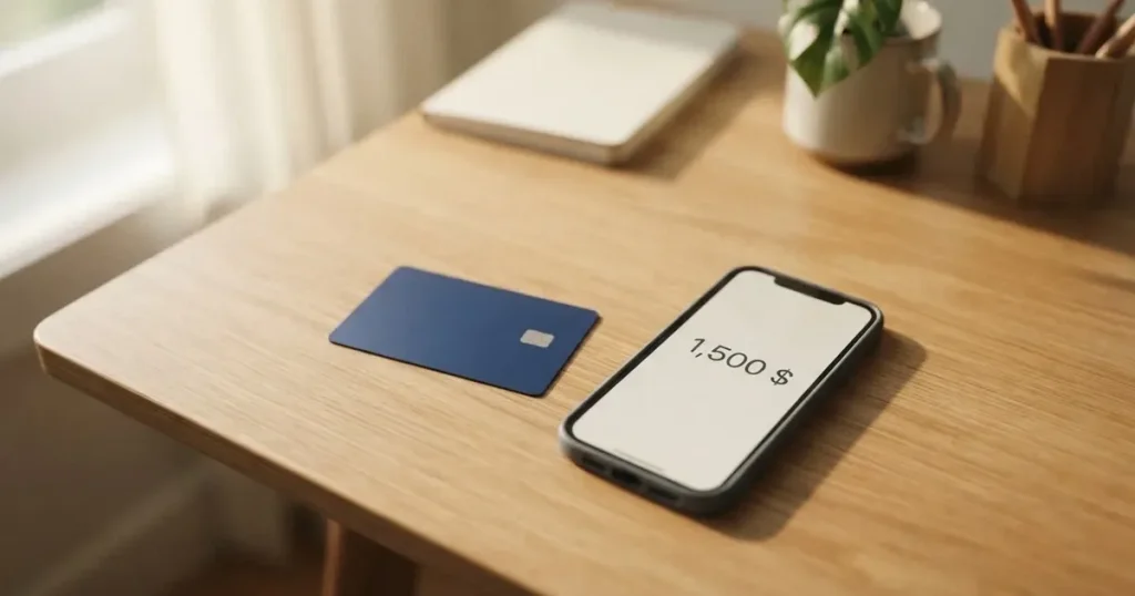 A payment card next to a phone with a crypto wallet app open