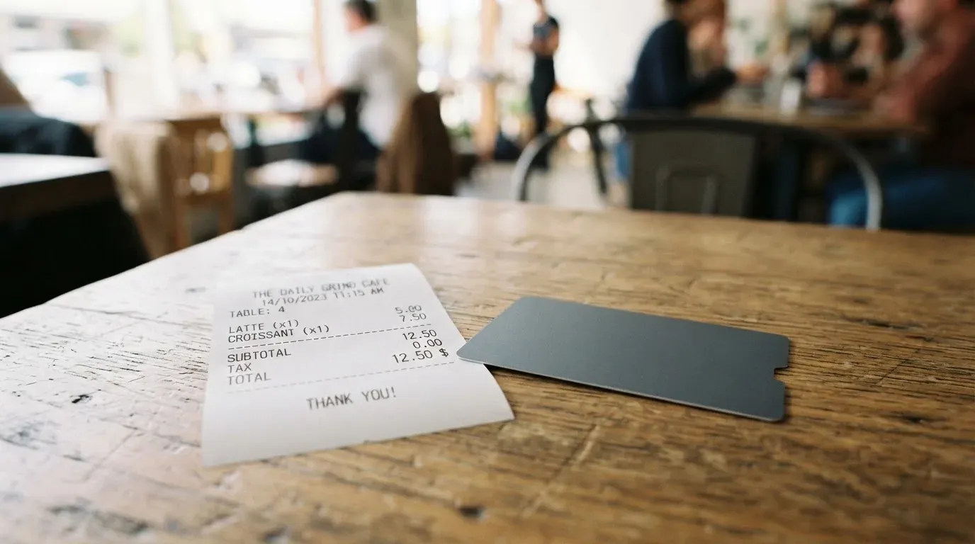 A receipt and a card on a café table
