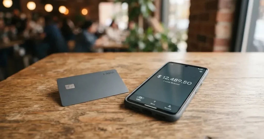 A payment card next to a phone with a crypto wallet app open