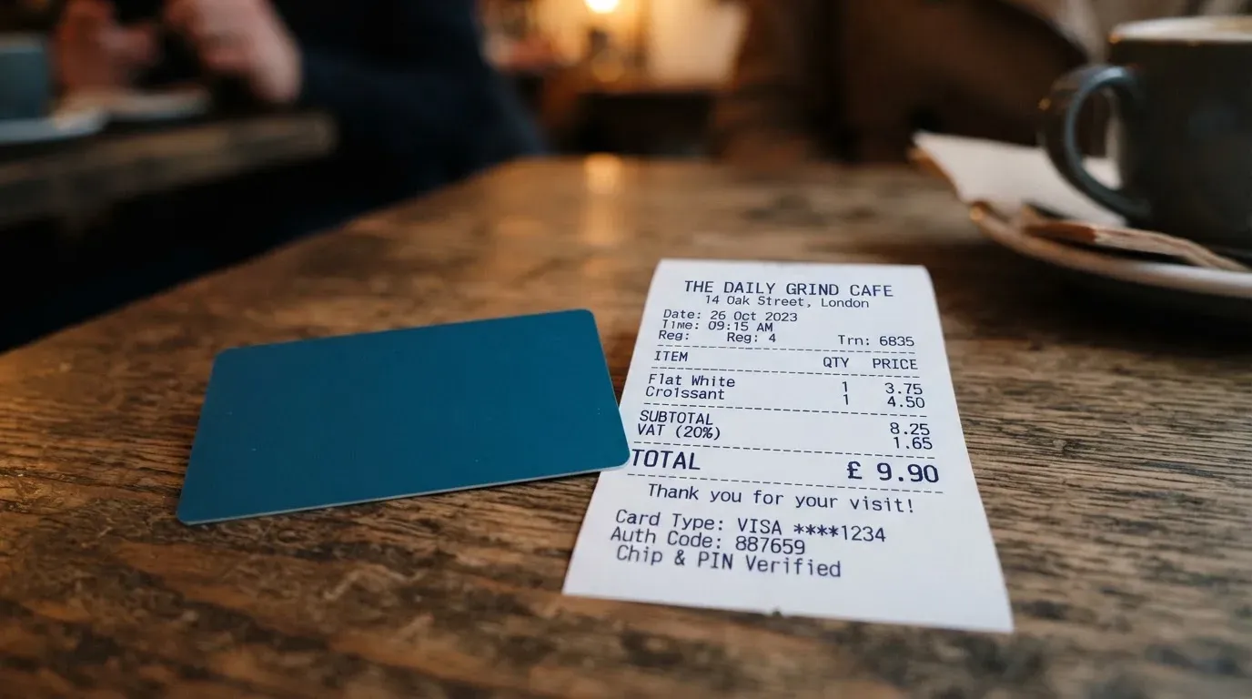 A receipt and a card on a café table