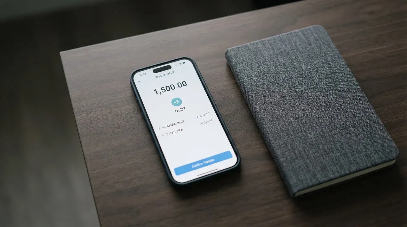 A phone showing a stablecoin transfer screen