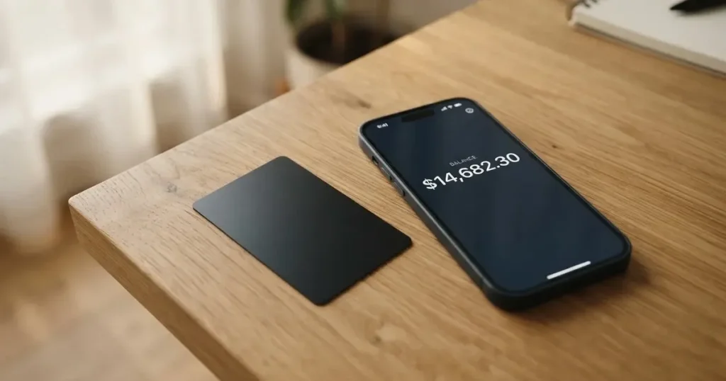 A payment card next to a phone with a crypto wallet app open