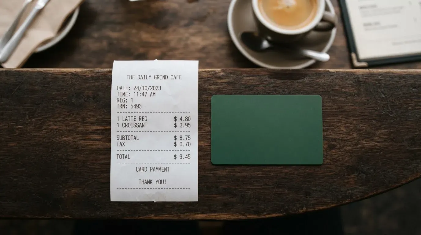 A receipt and a card on a café table