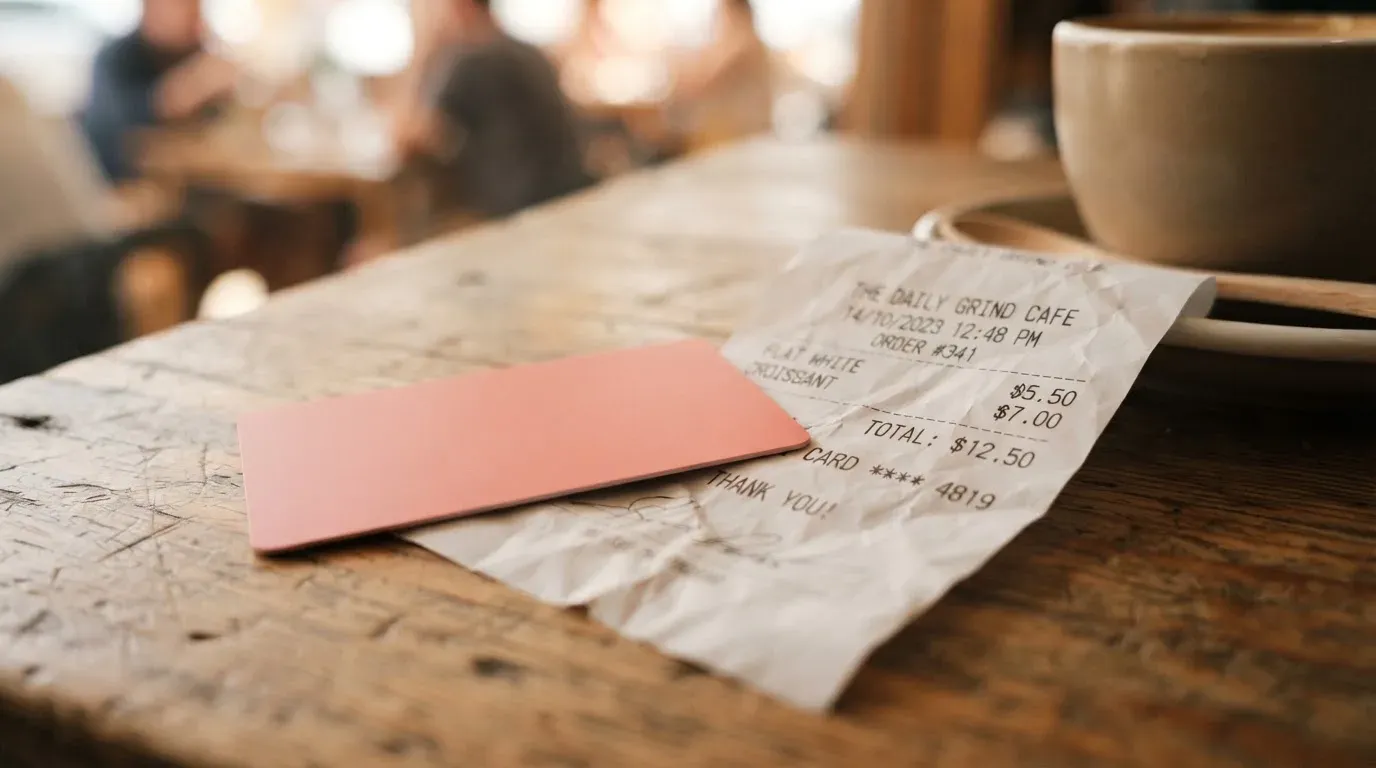 A receipt and a card on a café table