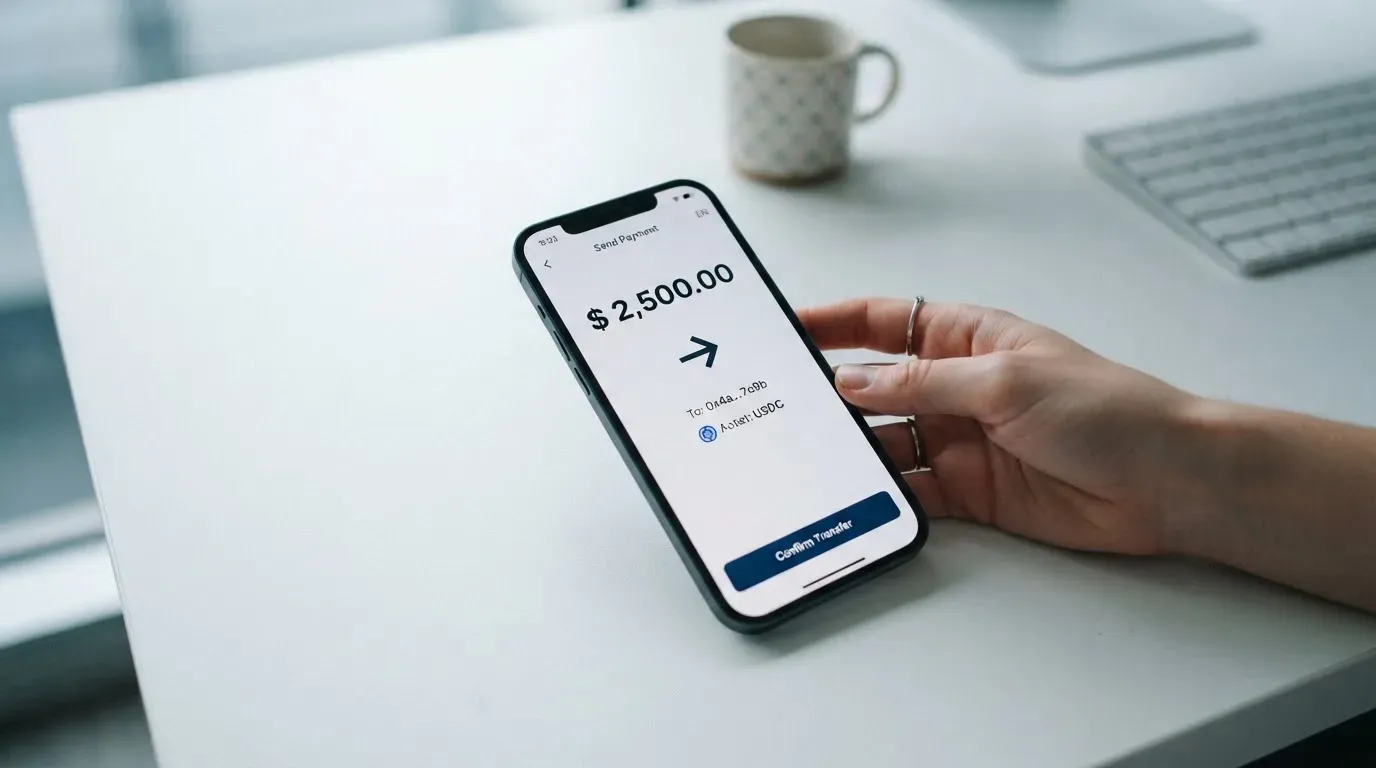A phone showing a stablecoin transfer screen