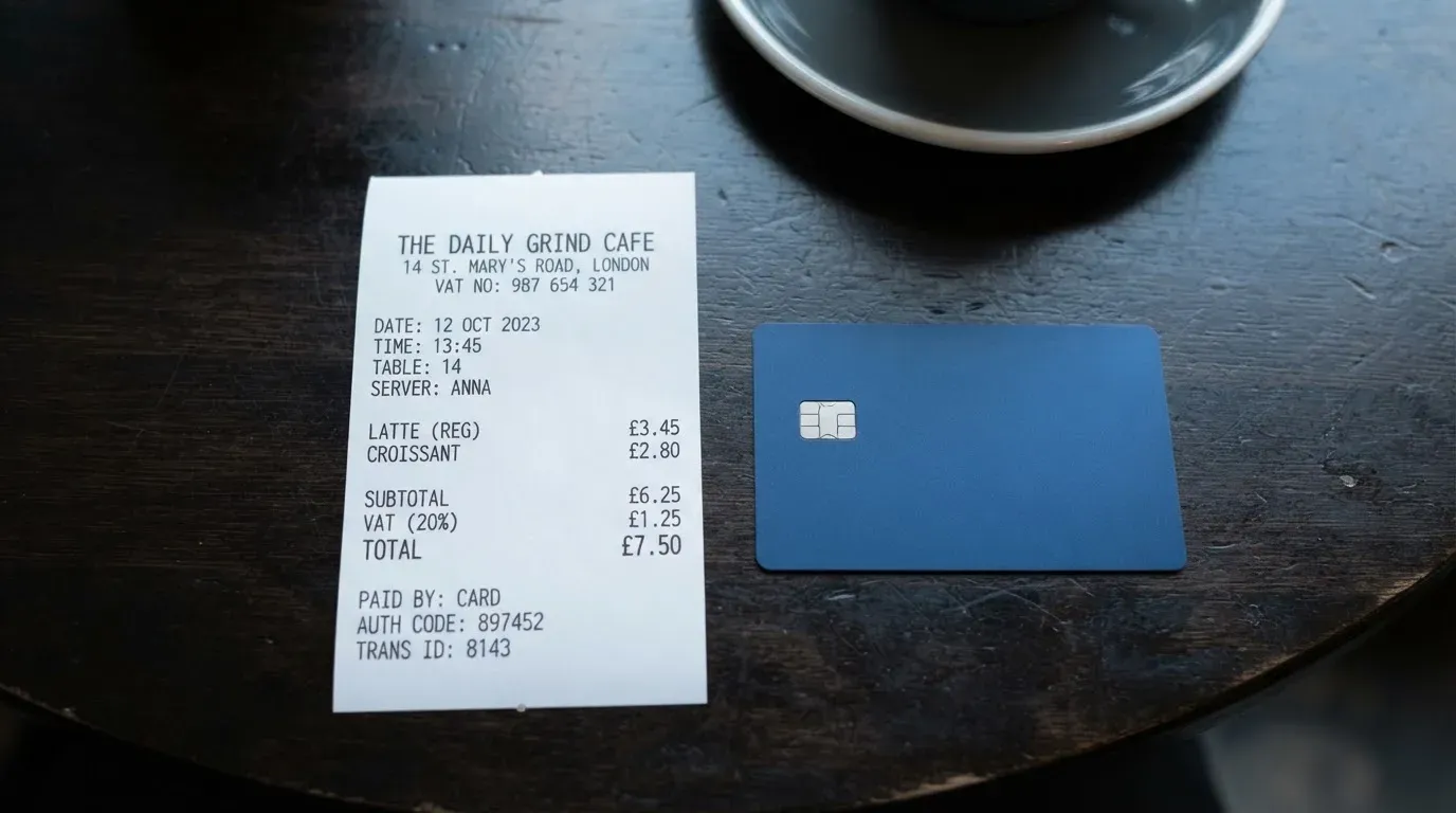 A receipt and a card on a café table