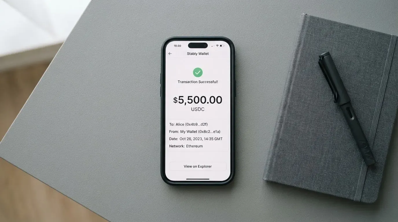A phone showing a stablecoin transfer screen