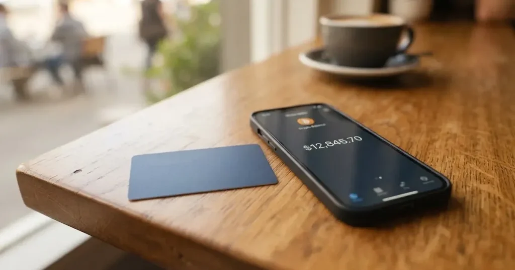 A payment card next to a phone with a crypto wallet app open