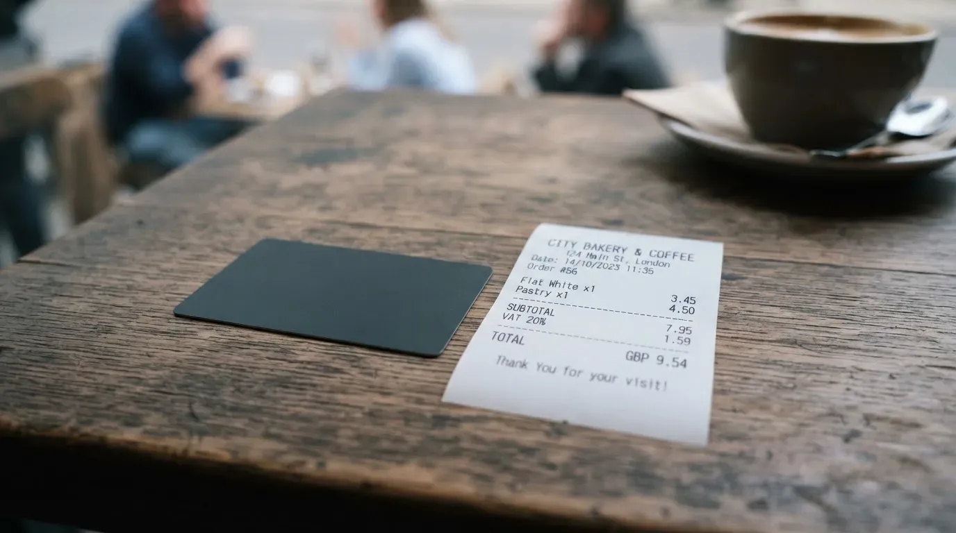 A receipt and a card on a café table