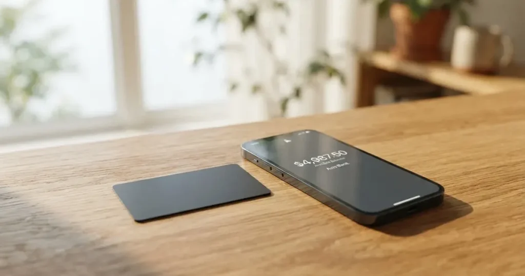 A payment card next to a phone with a crypto wallet app open