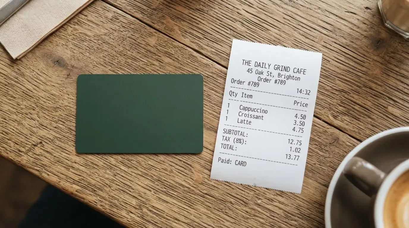A receipt and a card on a café table