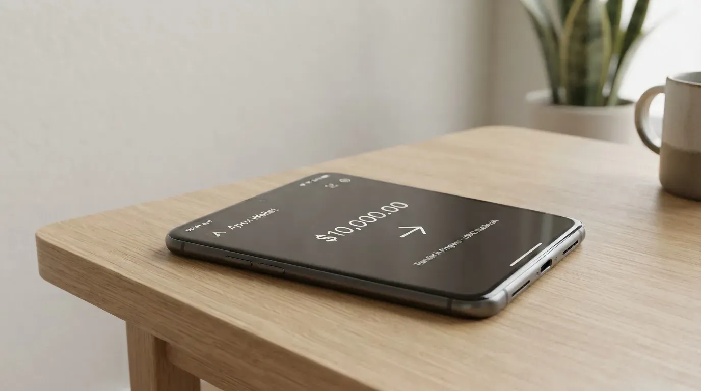 A phone showing a stablecoin transfer screen