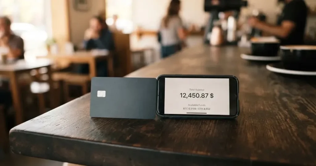 A payment card next to a phone with a crypto wallet app open