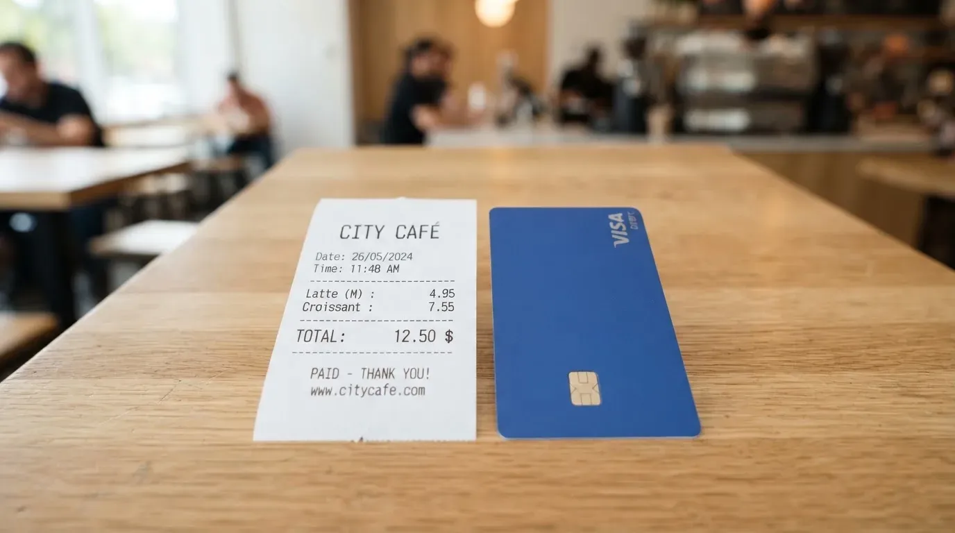A receipt and a card on a café table