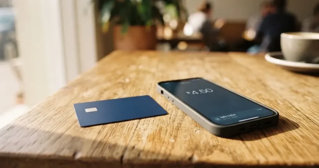 A payment card next to a phone with a crypto wallet app open