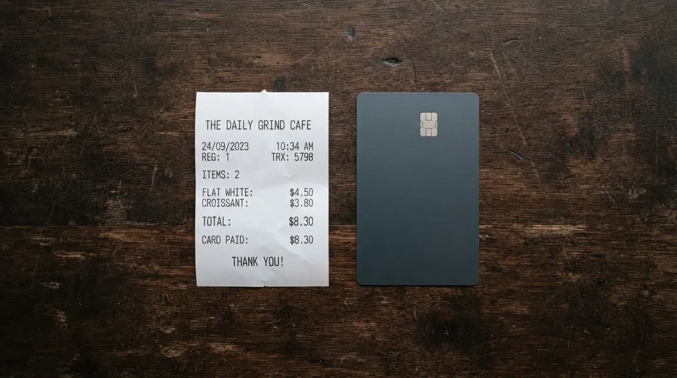A receipt and a card on a café table