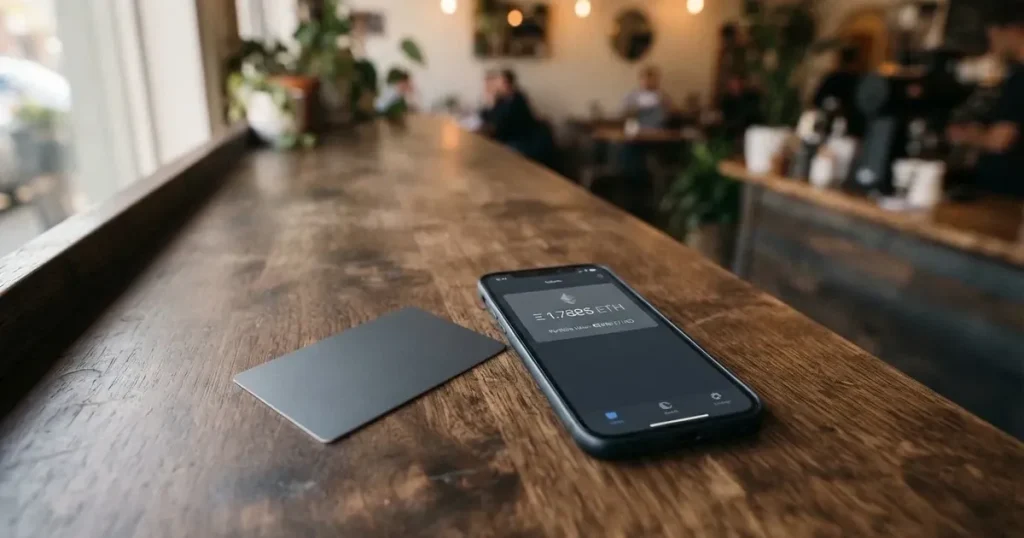 A payment card next to a phone with a crypto wallet app open