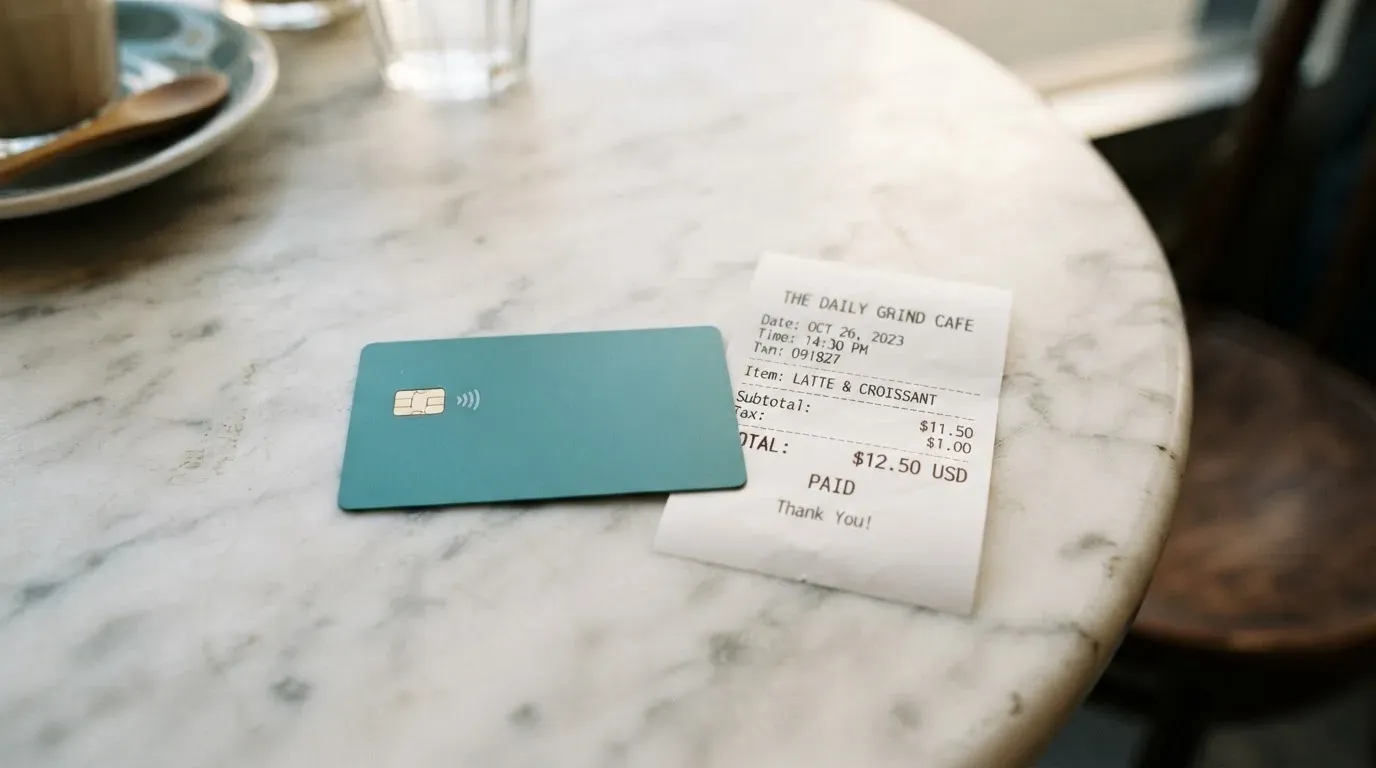 A receipt and a card on a café table