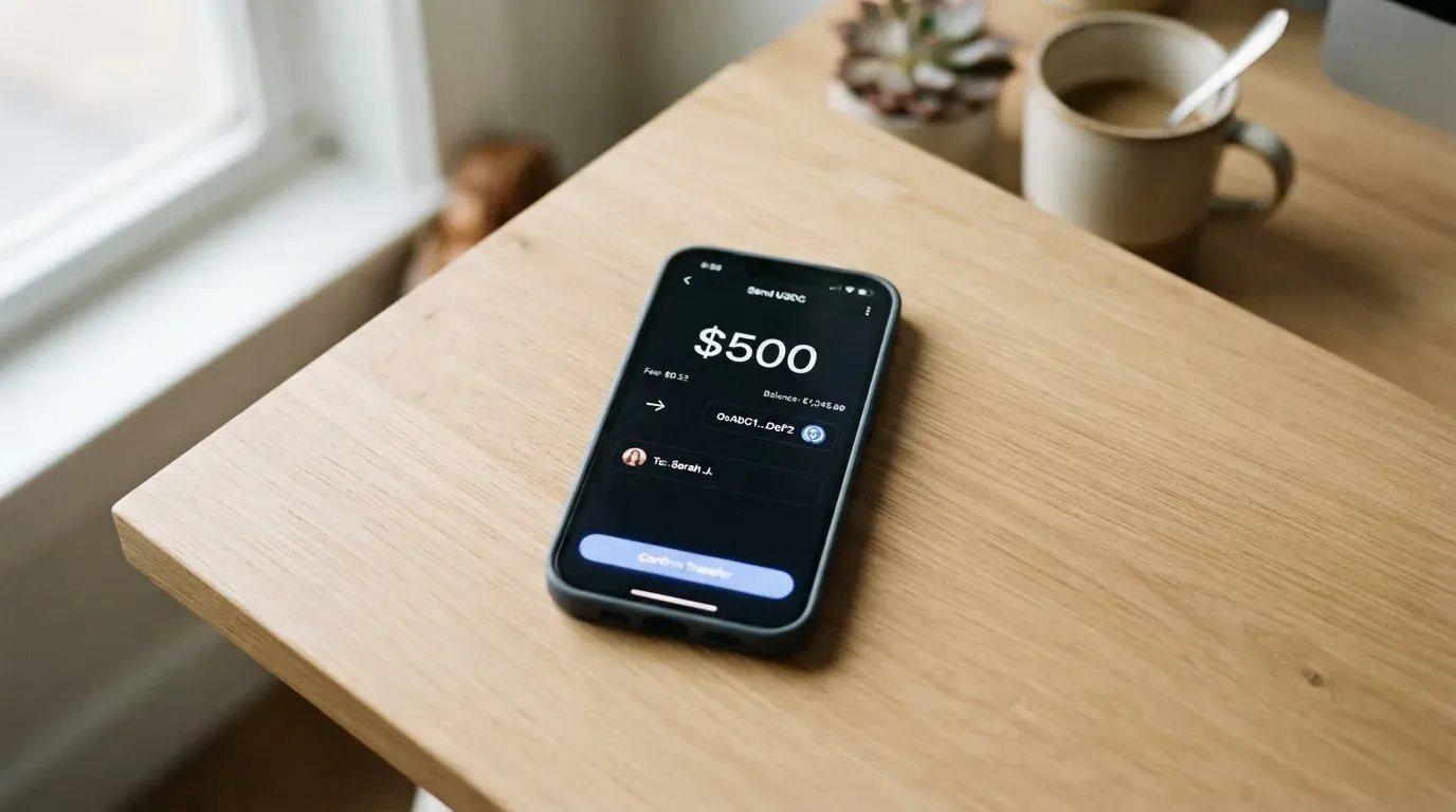 A phone showing a stablecoin transfer screen