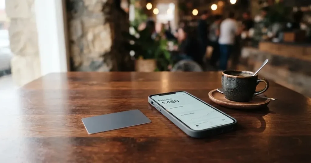 A payment card next to a phone with a crypto wallet app open