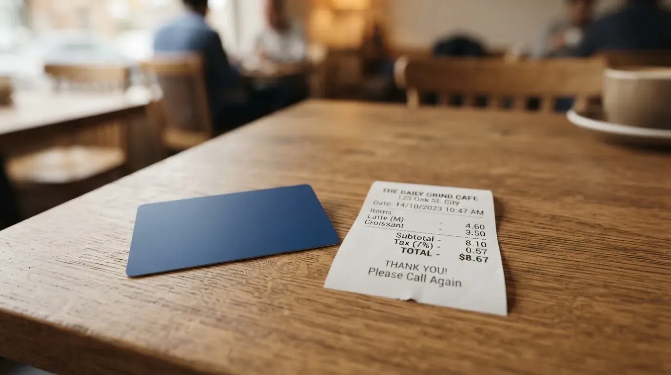 A receipt and a card on a café table