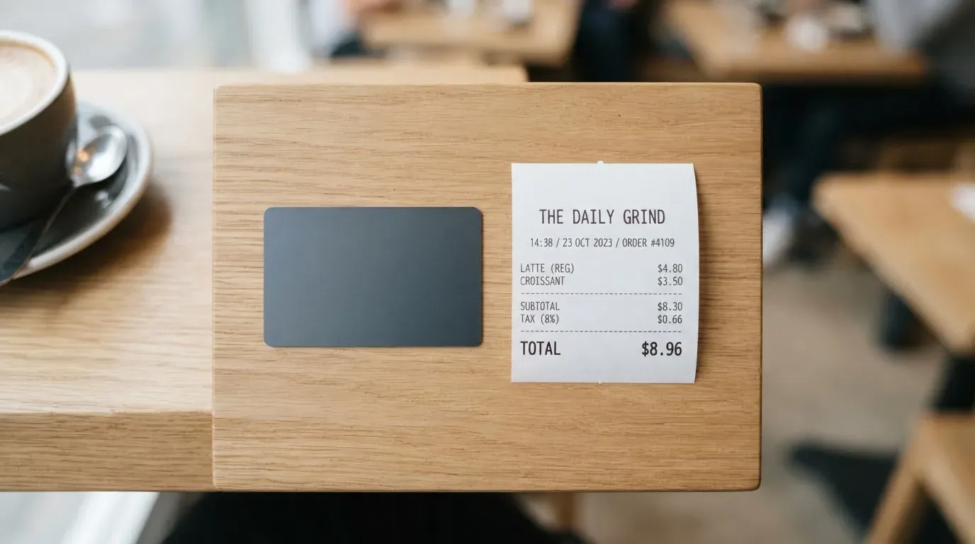 A receipt and a card on a café table