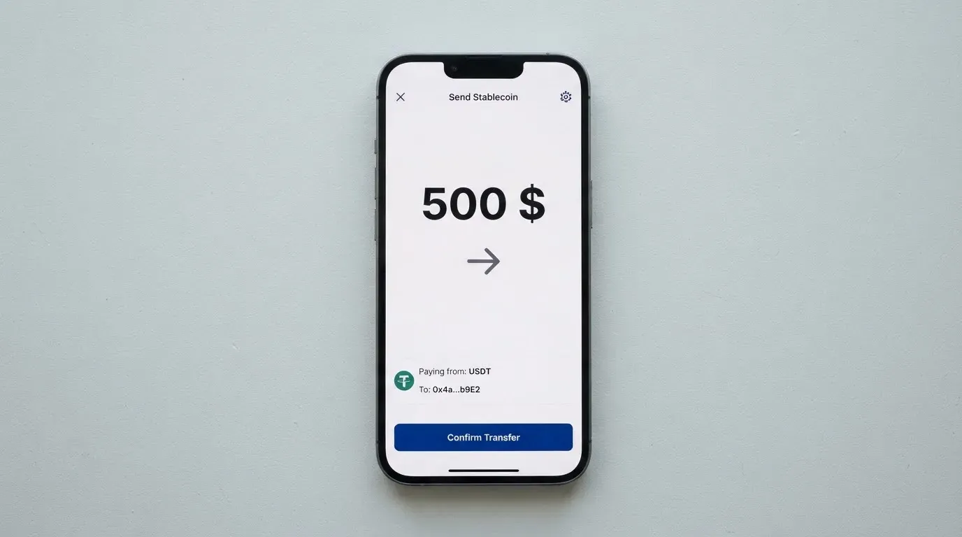 A phone showing a stablecoin transfer screen