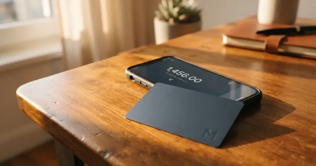 A payment card next to a phone with a crypto wallet app open
