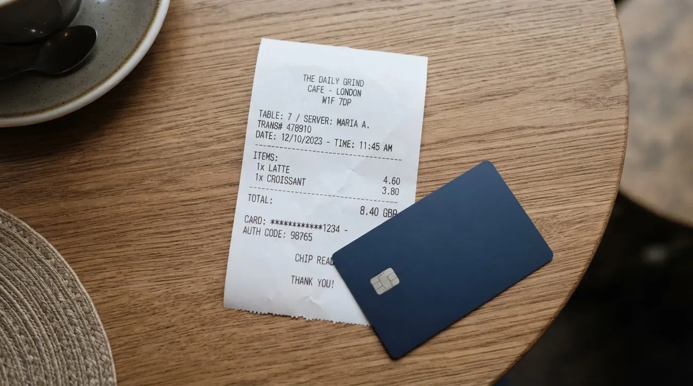 A receipt and a card on a café table
