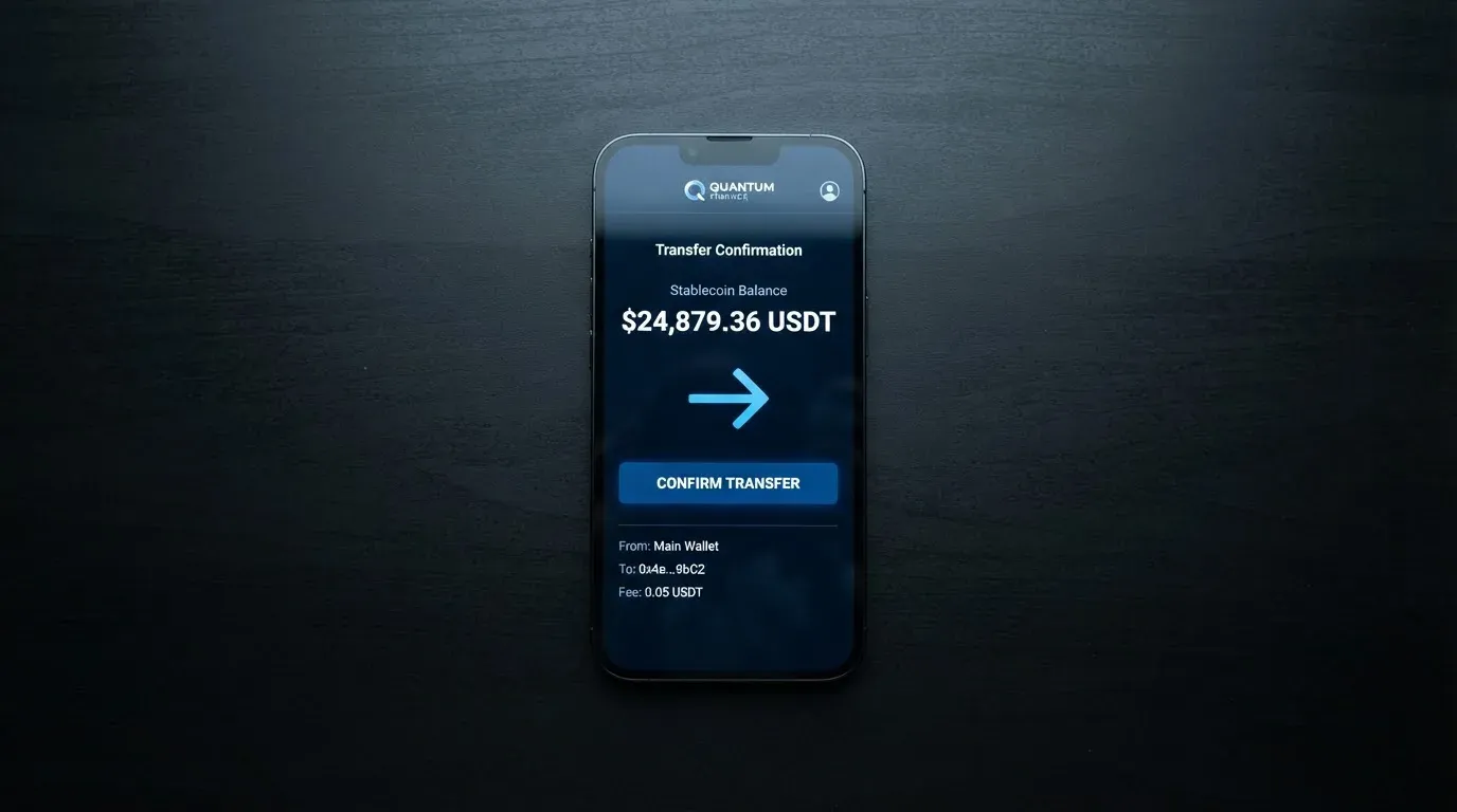 A phone showing a stablecoin transfer screen