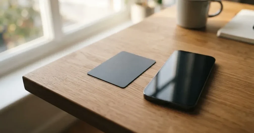 A payment card next to a phone with a crypto wallet app open