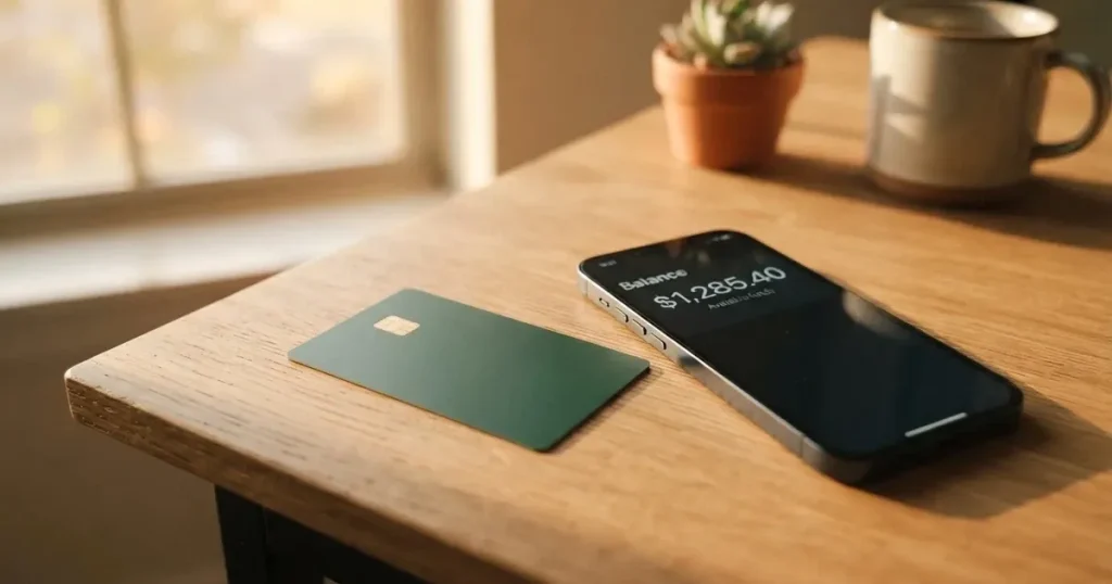 A payment card next to a phone with a crypto wallet app open