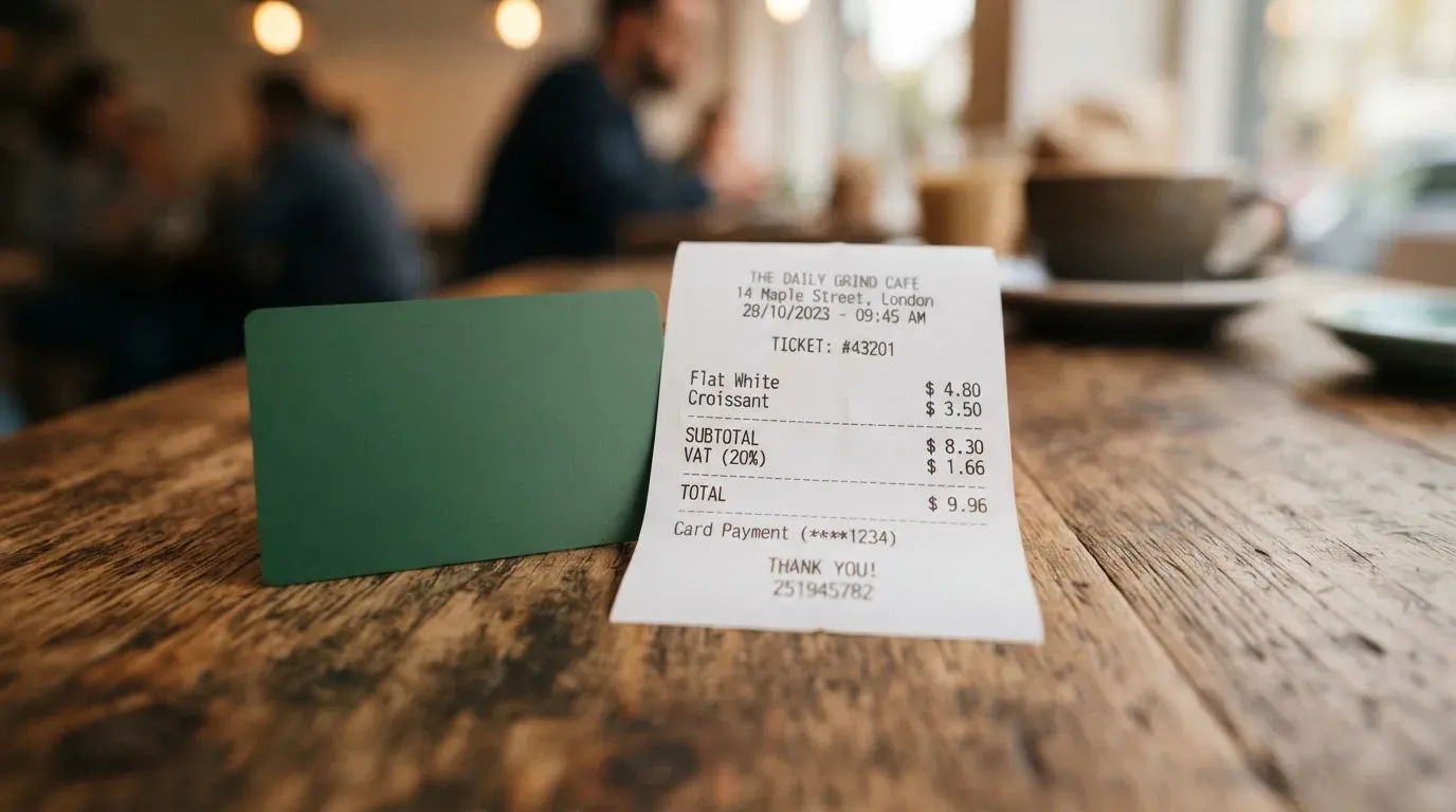 A receipt and a card on a café table