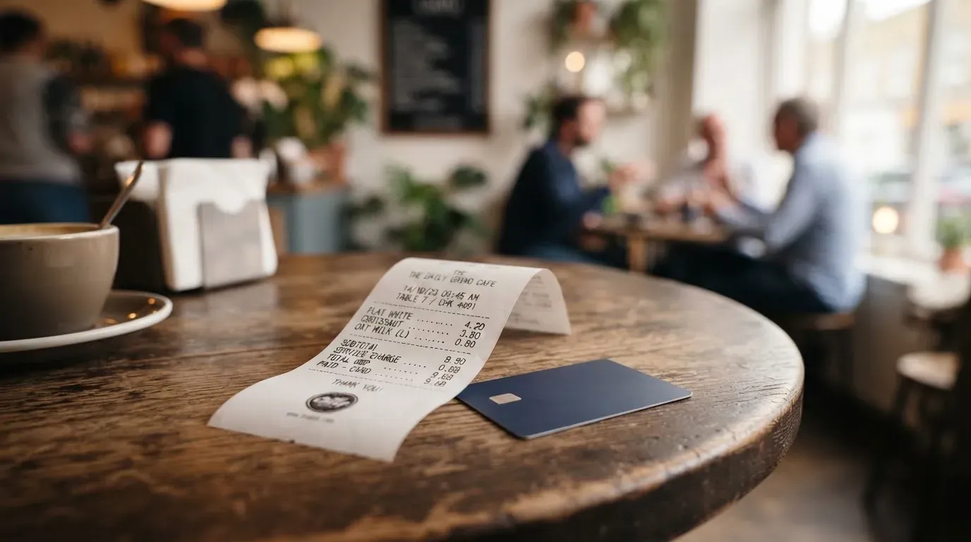 A receipt and a card on a café table