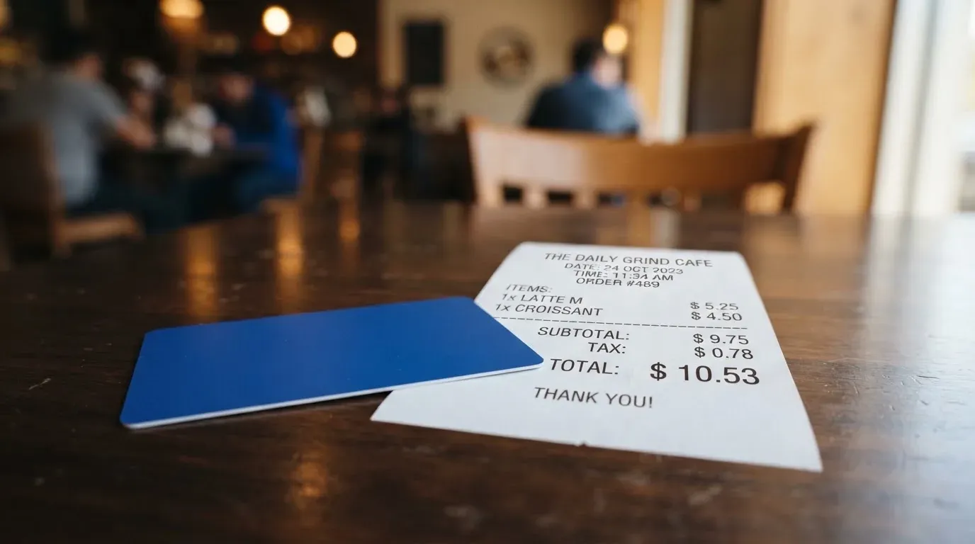 A receipt and a card on a café table