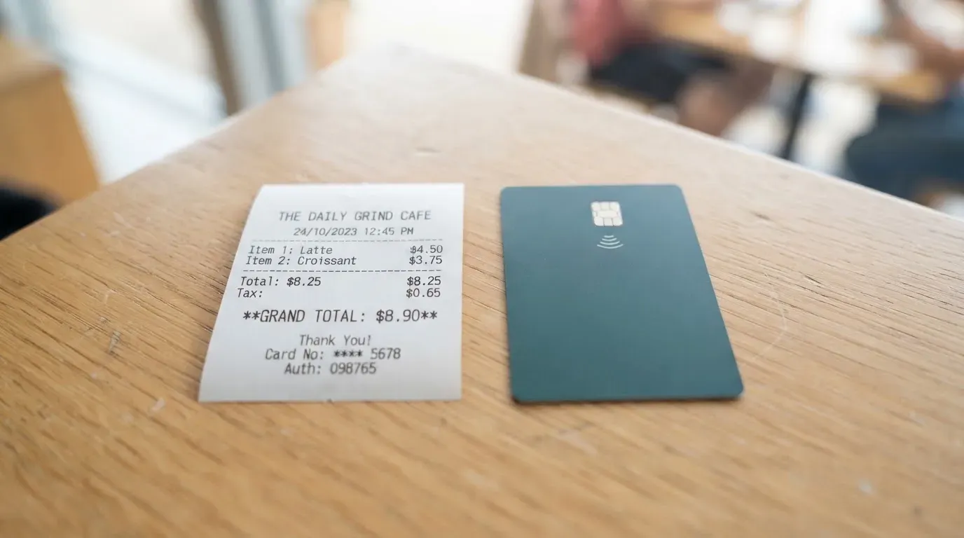 A receipt and a card on a café table