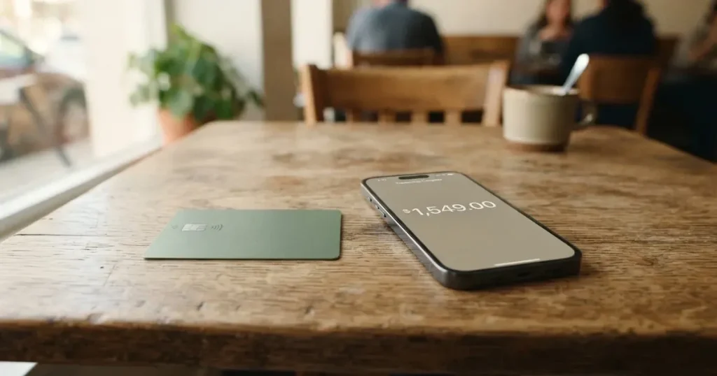 A payment card next to a phone with a crypto wallet app open