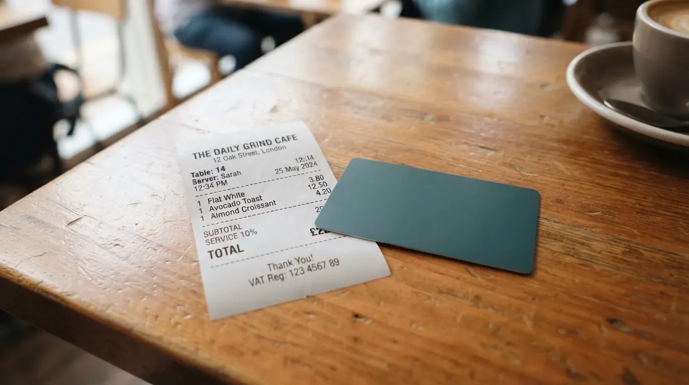 A receipt and a card on a café table