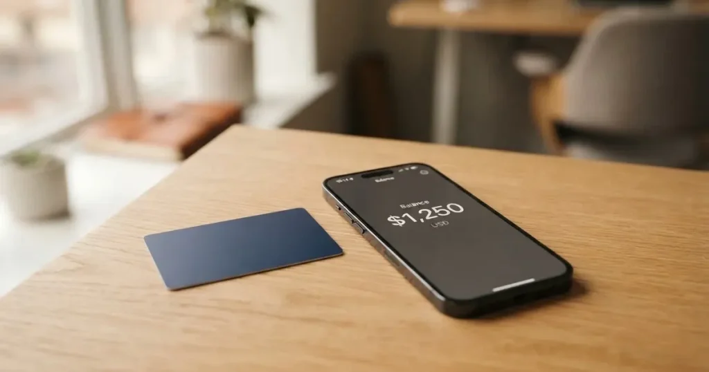 A payment card next to a phone with a crypto wallet app open