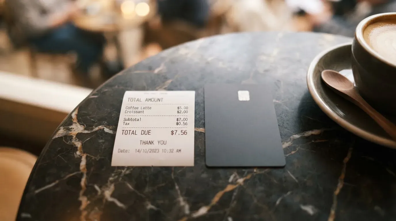 A receipt and a card on a café table