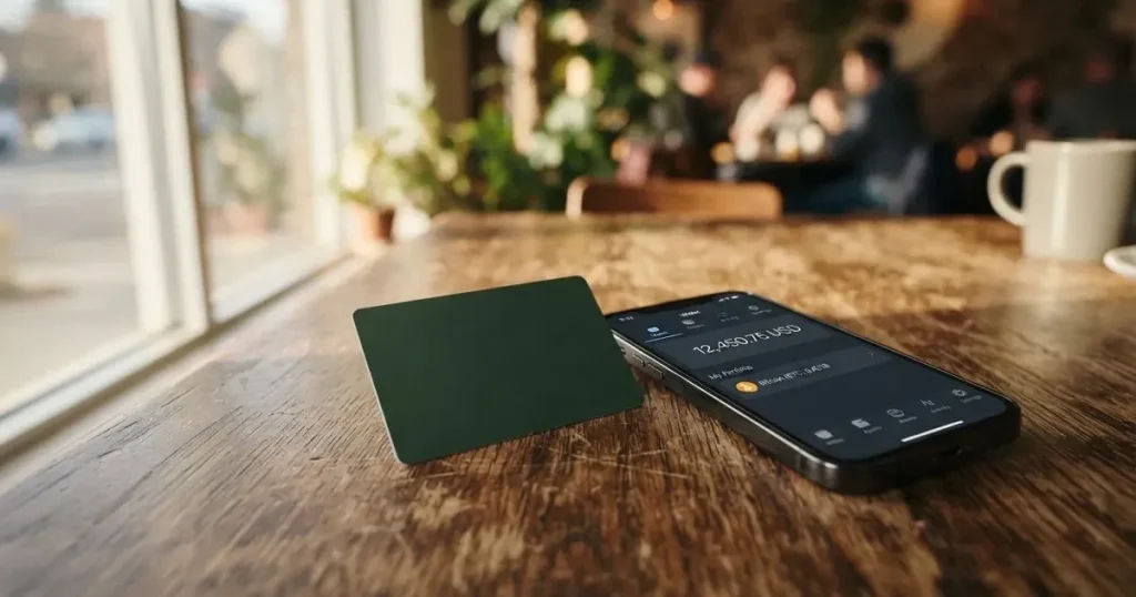 A payment card next to a phone with a crypto wallet app open