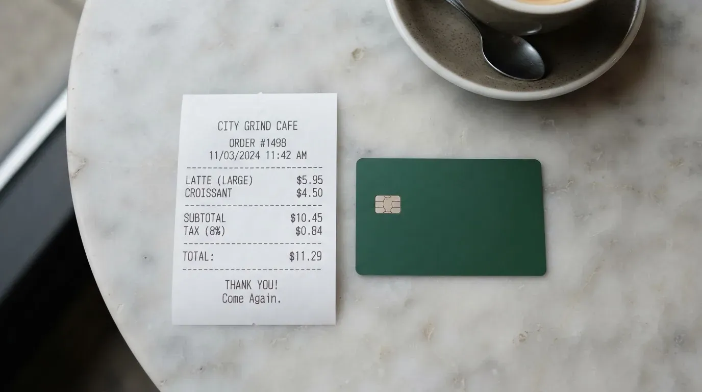 A receipt and a card on a café table
