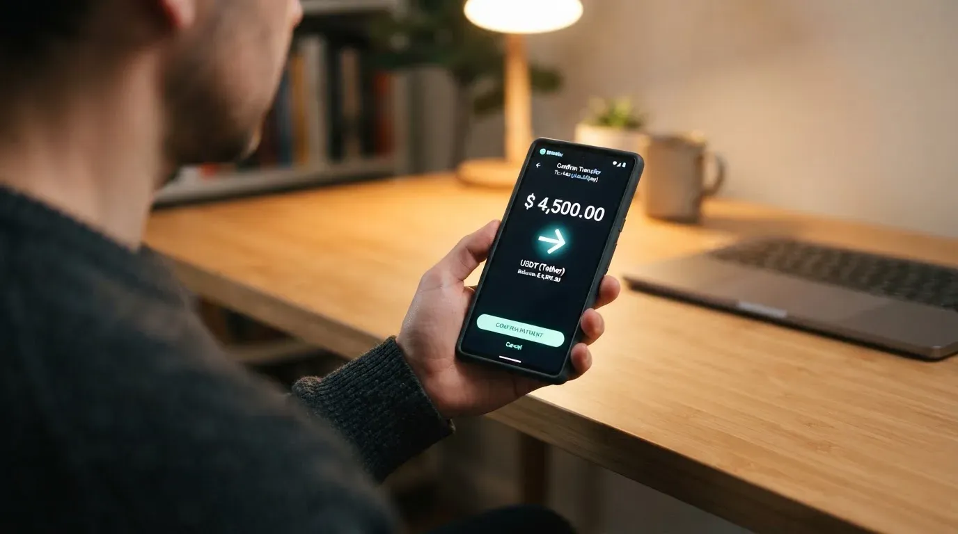 A phone showing a stablecoin transfer screen