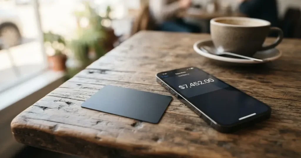 A payment card next to a phone with a crypto wallet app open