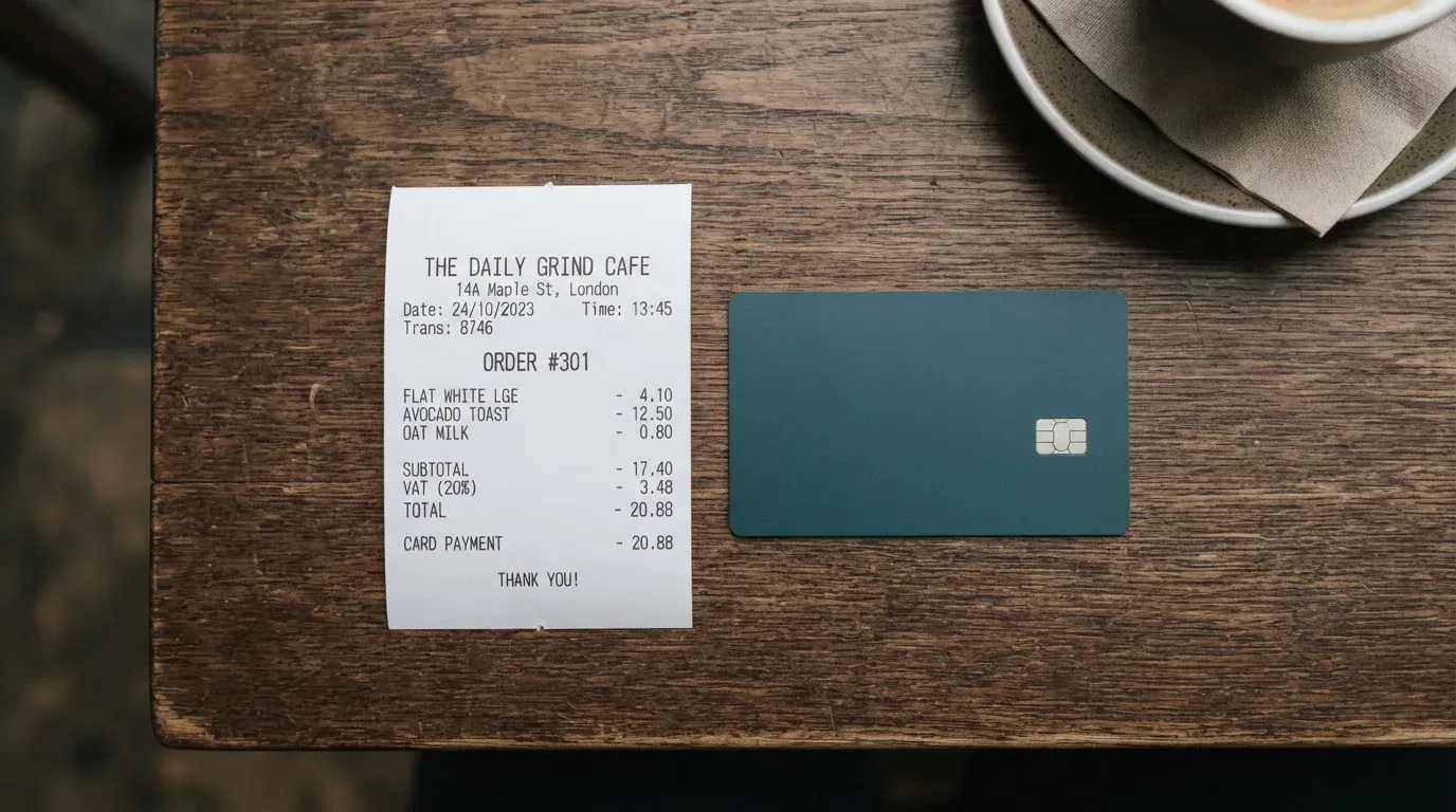 A receipt and a card on a café table