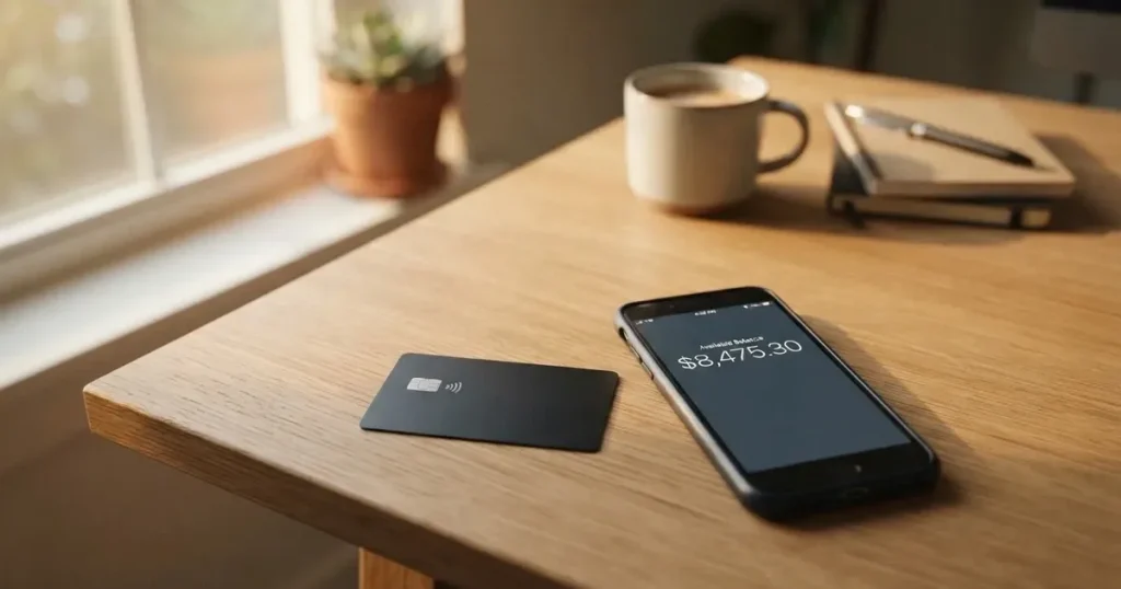 A payment card next to a phone with a crypto wallet app open